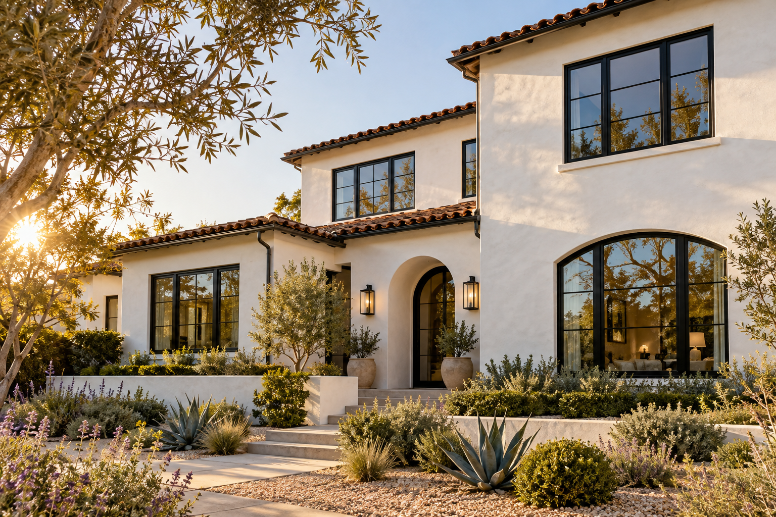 California stucco home with black-framed windows