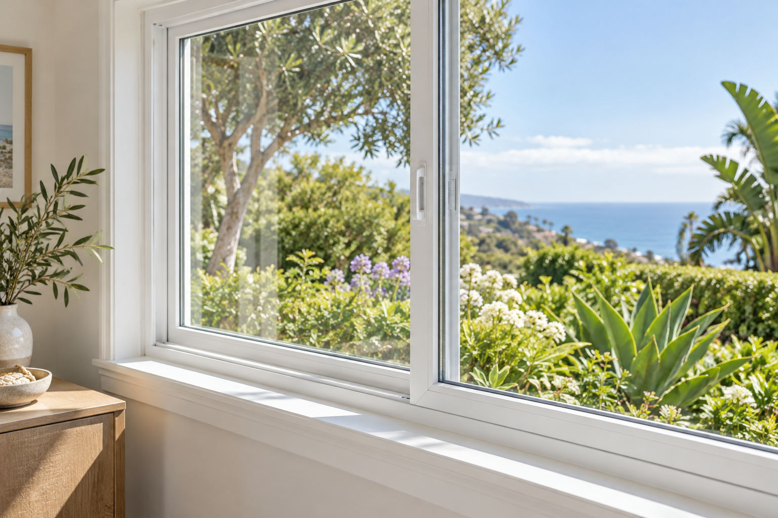 Coastal interior with a white sliding window